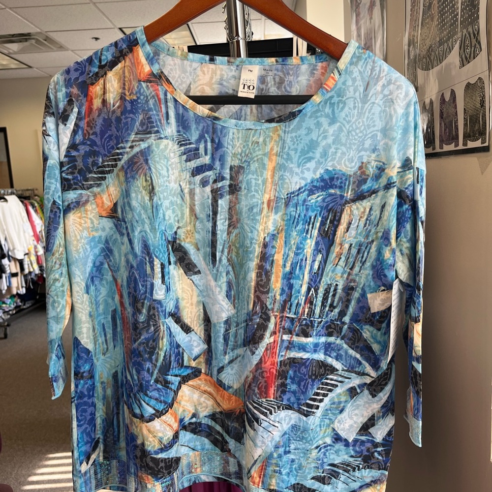 Blue Multicolored Woman’s Top with Long Sleeves
